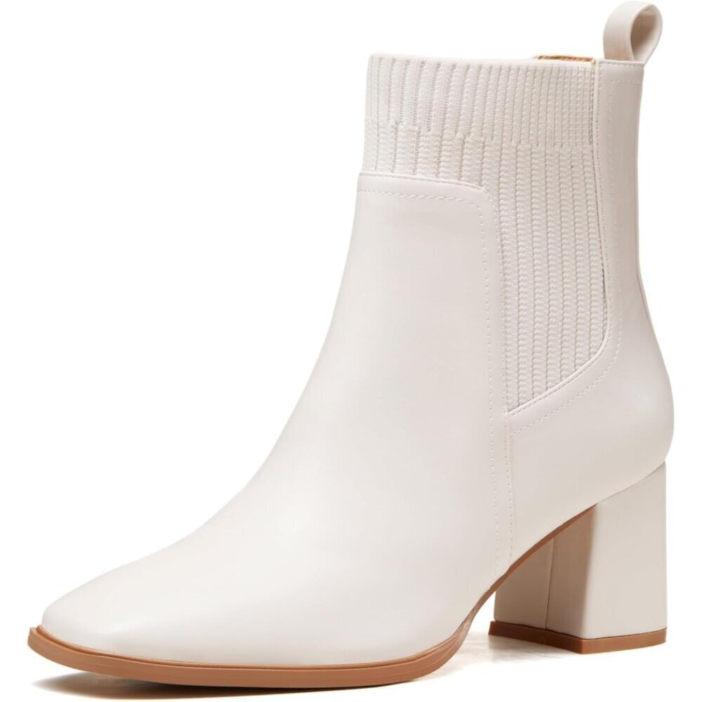 Women's Cream Slip-On Ankle Boots Chunky Block Heel Square Toe Dress Booties